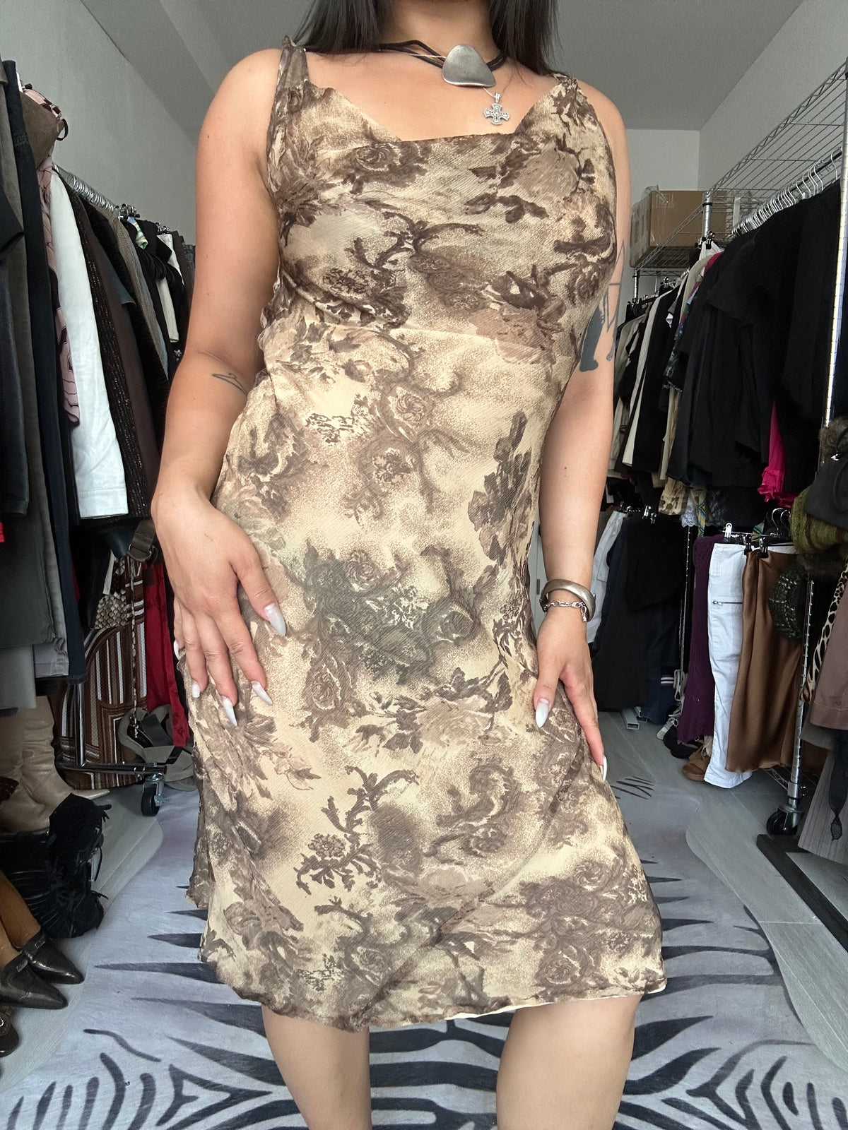 Vintage silk midi dress with prints